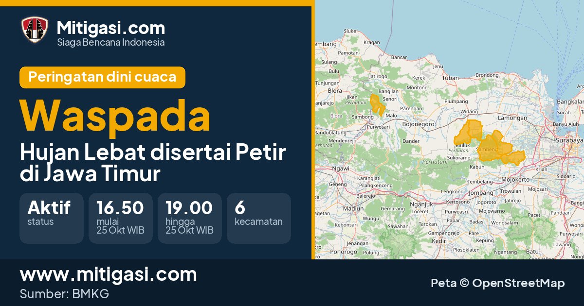Peringatan dini cuaca BMKG tingkat Waspada di Jawa Timur. (Mitigasi.com/data BMKG)