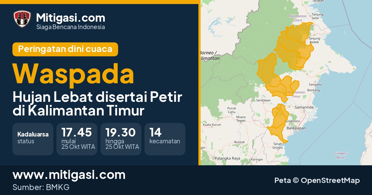 Peringatan dini cuaca BMKG tingkat Waspada di Kalimantan Timur. (Mitigasi.com/data BMKG)