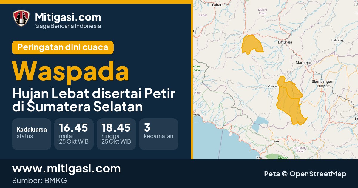 Peringatan dini cuaca BMKG tingkat Waspada di Sumatera Selatan. (Mitigasi.com/data BMKG)