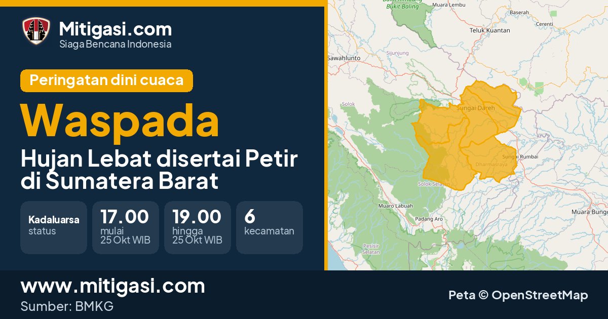Peringatan dini cuaca BMKG tingkat Waspada di Sumatera Barat. (Mitigasi.com/data BMKG)
