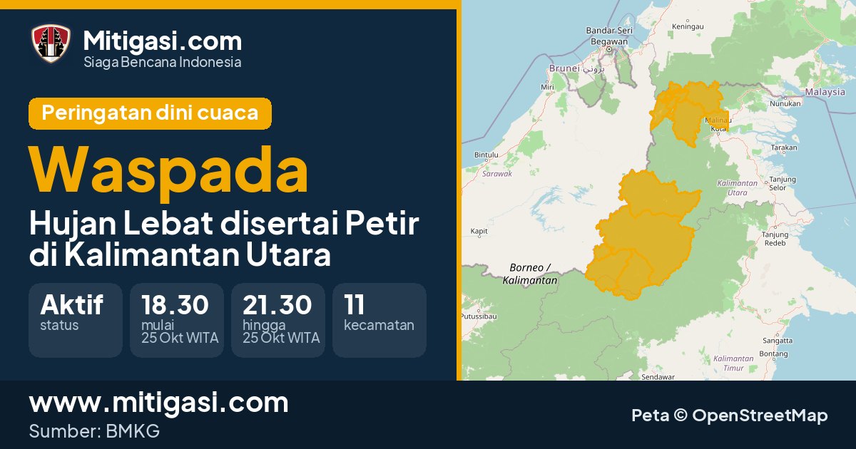 Peringatan dini cuaca BMKG tingkat Waspada di Kalimantan Utara. (Mitigasi.com/data BMKG)