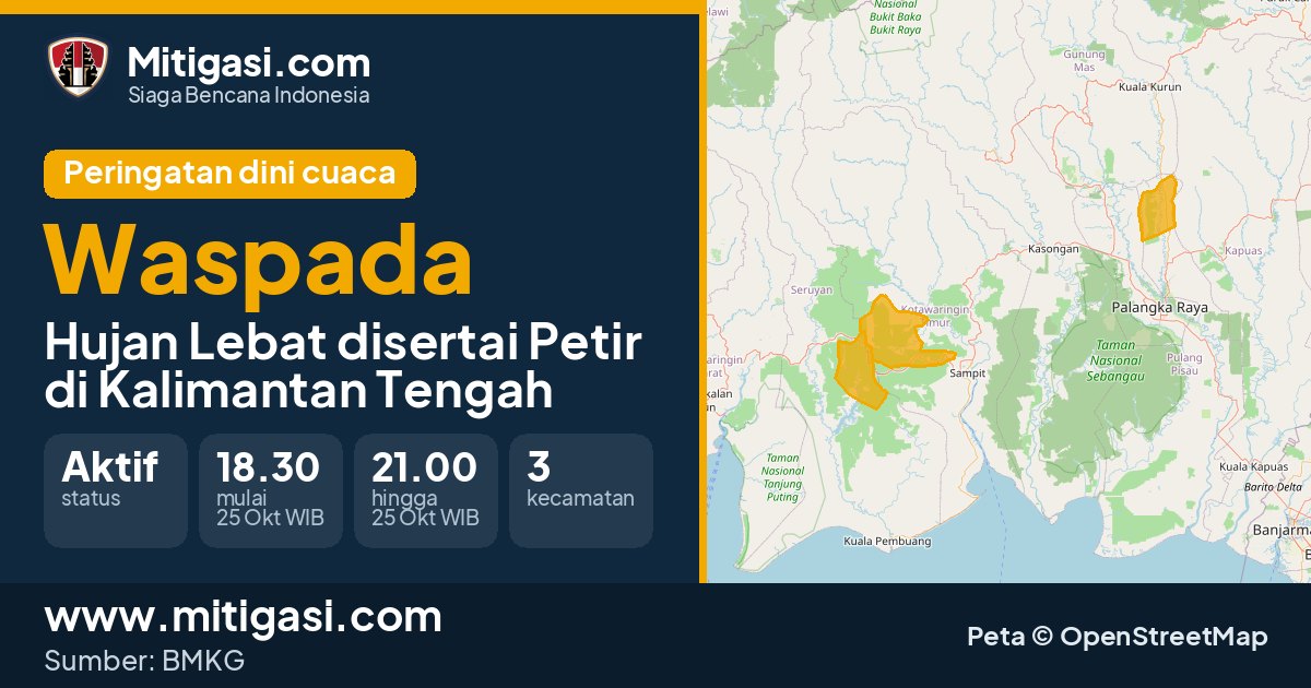 Peringatan dini cuaca BMKG tingkat Waspada di Kalimantan Tengah. (Mitigasi.com/data BMKG)