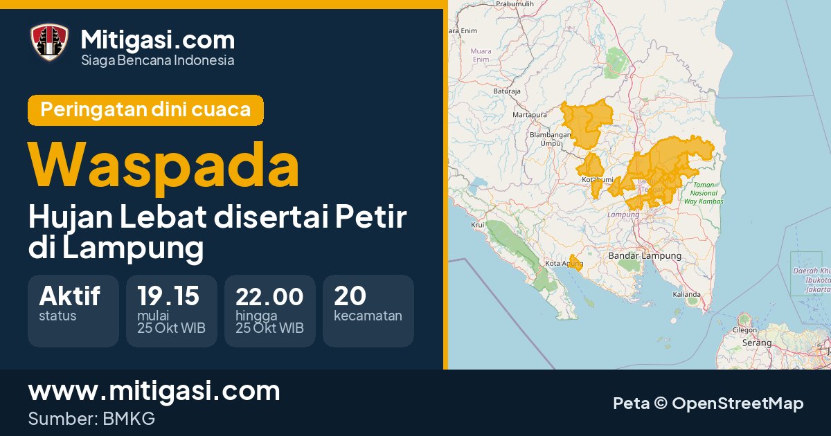 Peringatan dini cuaca BMKG tingkat Waspada di Lampung. (Mitigasi.com/data BMKG)