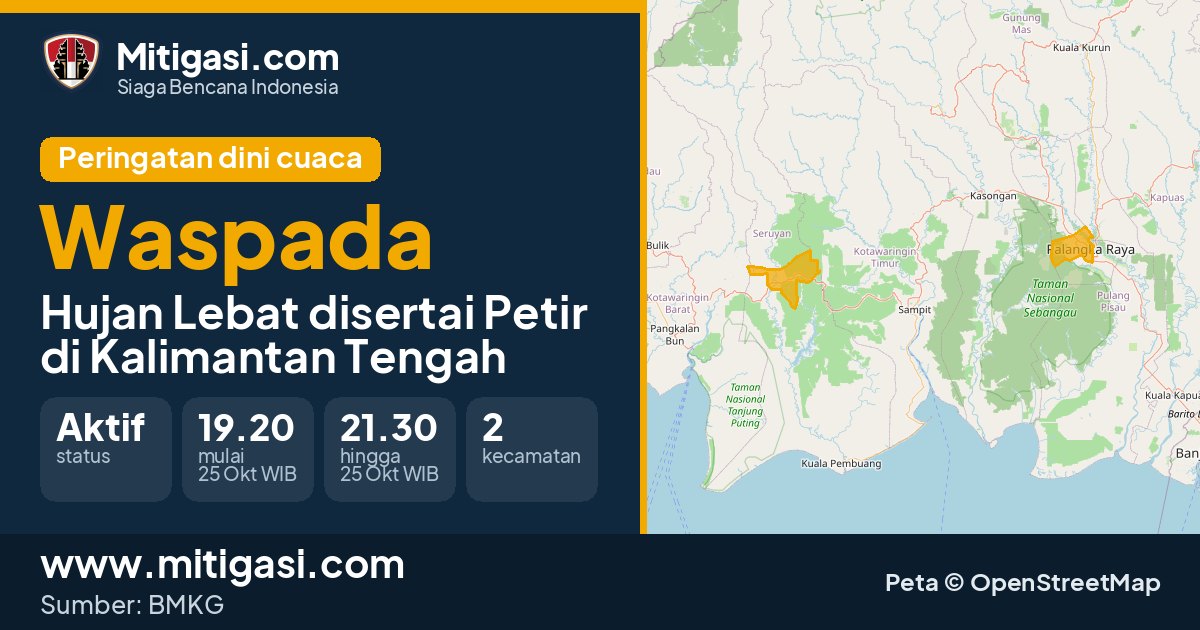 Peringatan dini cuaca BMKG tingkat Waspada di Kalimantan Tengah. (Mitigasi.com/data BMKG)