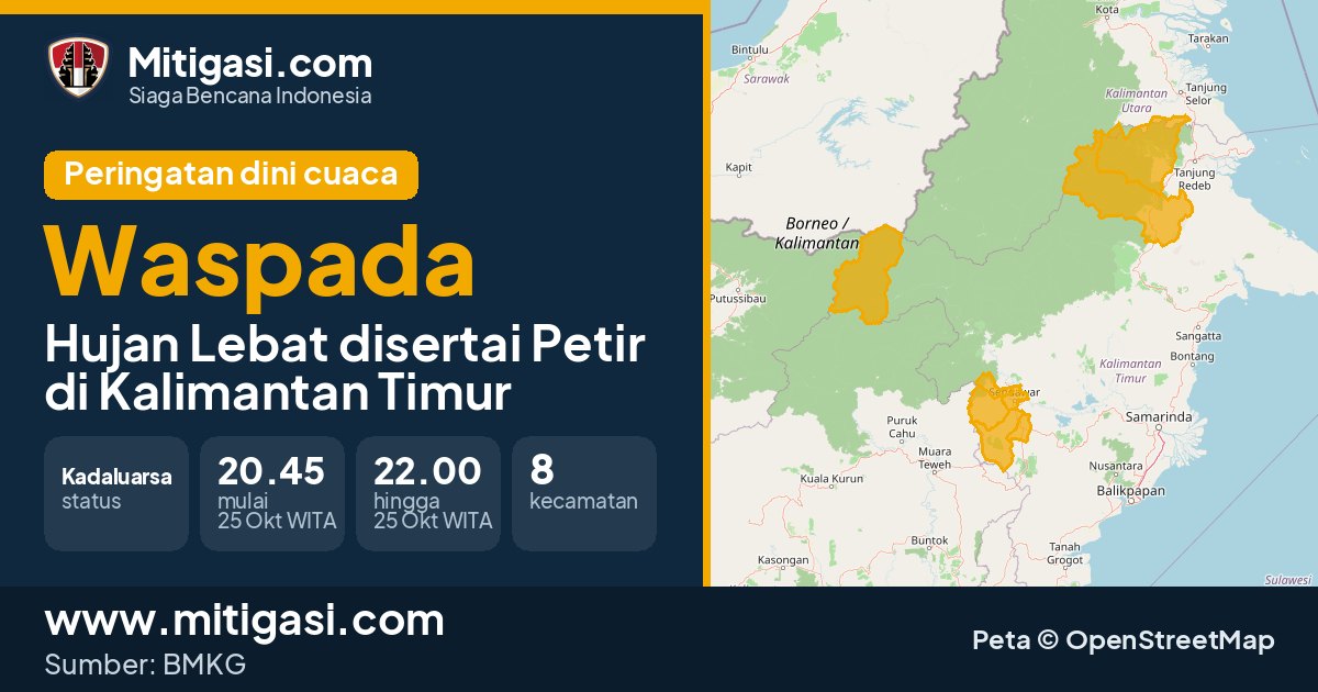 Peringatan dini cuaca BMKG tingkat Waspada di Kalimantan Timur. (Mitigasi.com/data BMKG)