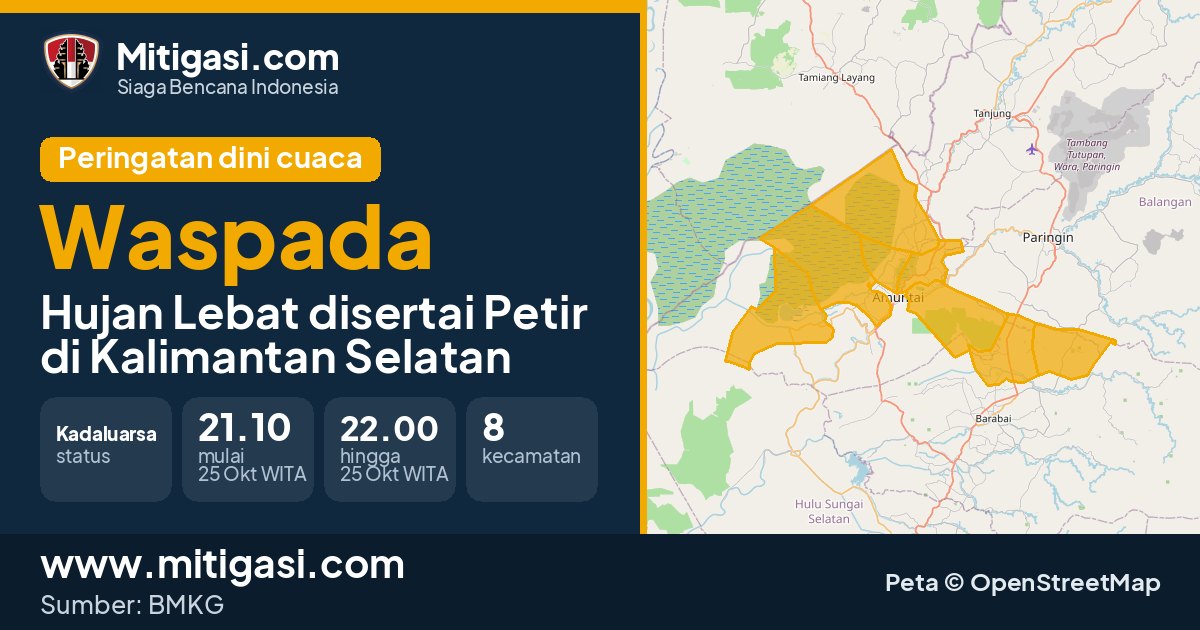 Peringatan dini cuaca BMKG tingkat Waspada di Kalimantan Selatan. (Mitigasi.com/data BMKG)