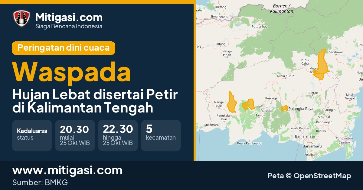 Peringatan dini cuaca BMKG tingkat Waspada di Kalimantan Tengah. (Mitigasi.com/data BMKG)