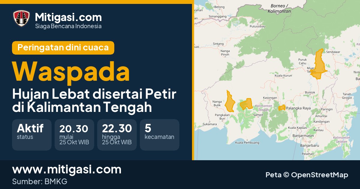 Peringatan dini cuaca BMKG tingkat Waspada di Kalimantan Tengah. (Mitigasi.com/data BMKG)