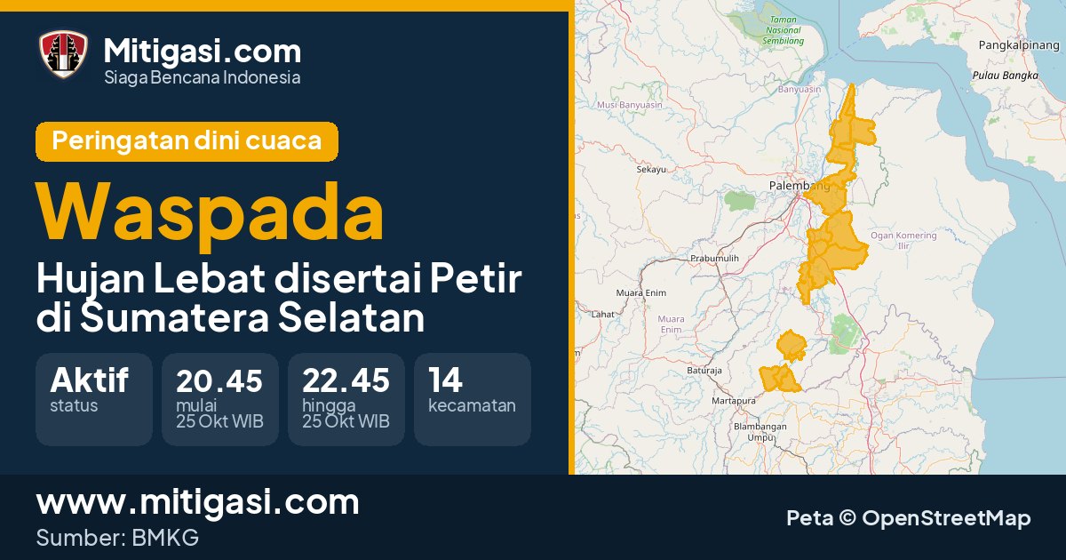Peringatan dini cuaca BMKG tingkat Waspada di Sumatera Selatan. (Mitigasi.com/data BMKG)