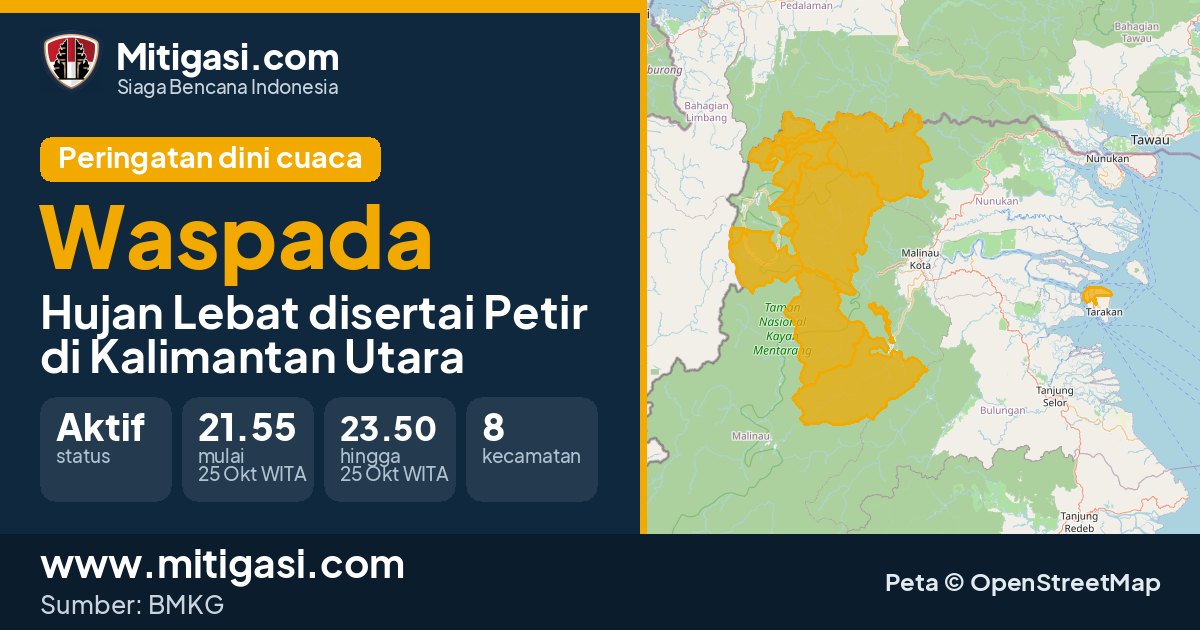 Peringatan dini cuaca BMKG tingkat Waspada di Kalimantan Utara. (Mitigasi.com/data BMKG)