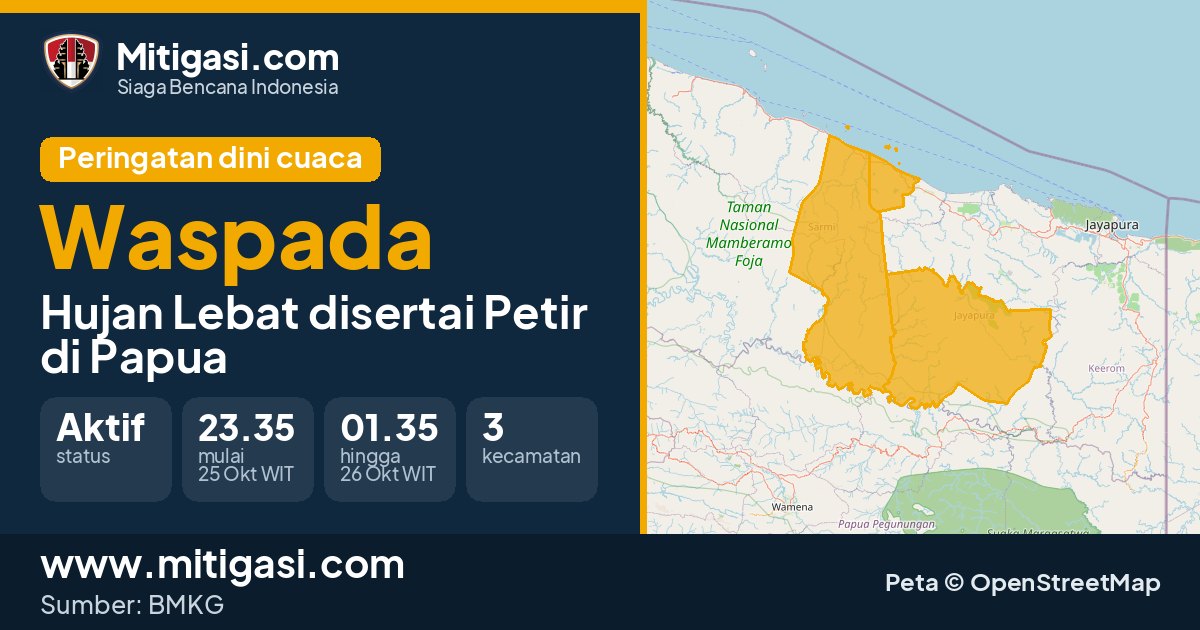 Peringatan dini cuaca BMKG tingkat Waspada di Papua. (Mitigasi.com/data BMKG)