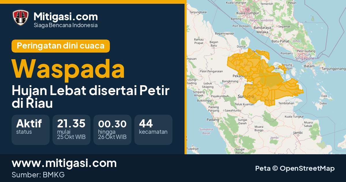 Peringatan dini cuaca BMKG tingkat Waspada di Riau. (Mitigasi.com/data BMKG)