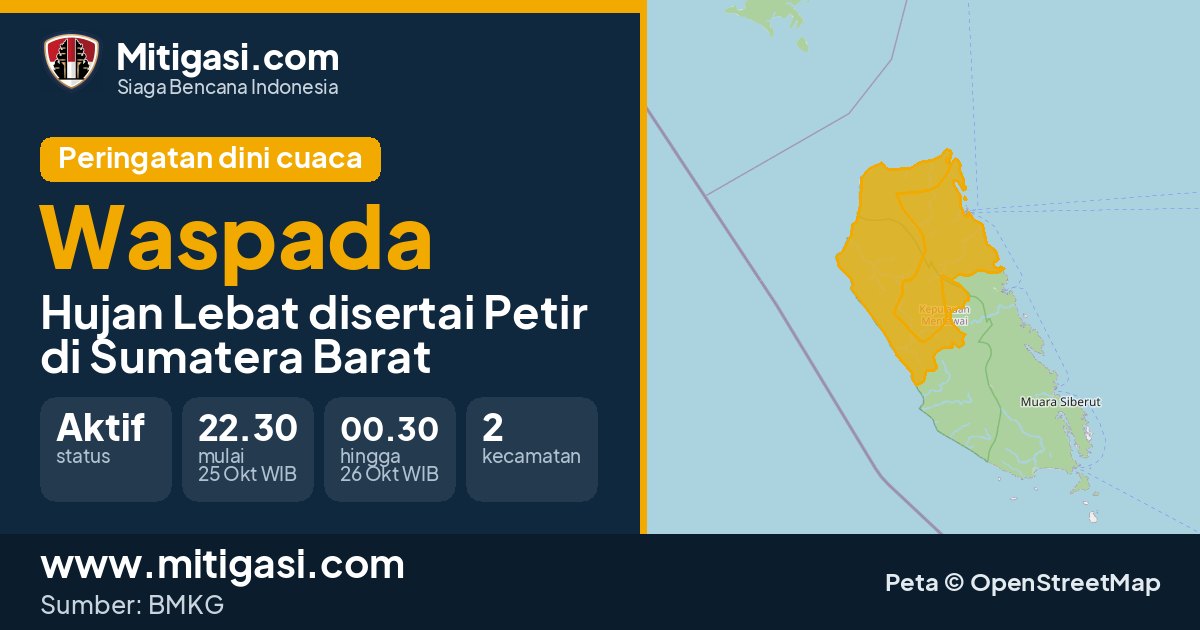 Peringatan dini cuaca BMKG tingkat Waspada di Sumatera Barat. (Mitigasi.com/data BMKG)