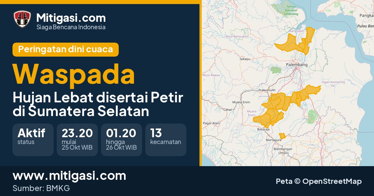 Peringatan dini cuaca BMKG tingkat Waspada di Sumatera Selatan. (Mitigasi.com/data BMKG)
