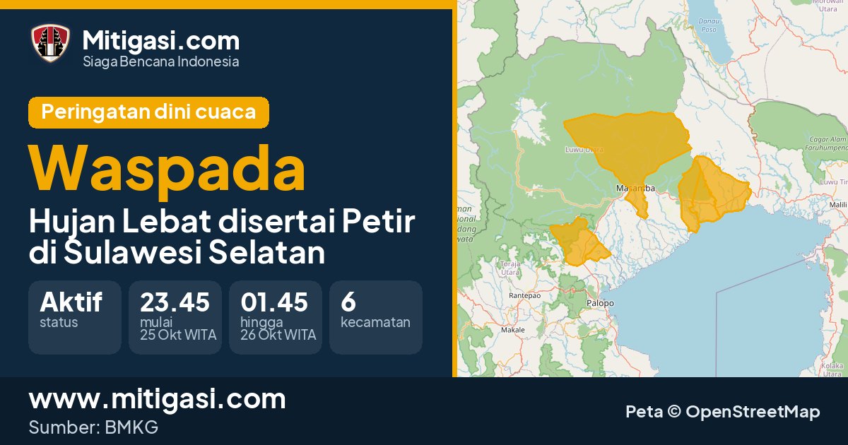 Peringatan dini cuaca BMKG tingkat Waspada di Sulawesi Selatan. (Mitigasi.com/data BMKG)