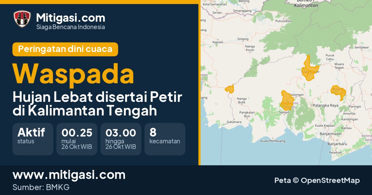 Peringatan dini cuaca BMKG tingkat Waspada di Kalimantan Tengah. (Mitigasi.com/data BMKG)