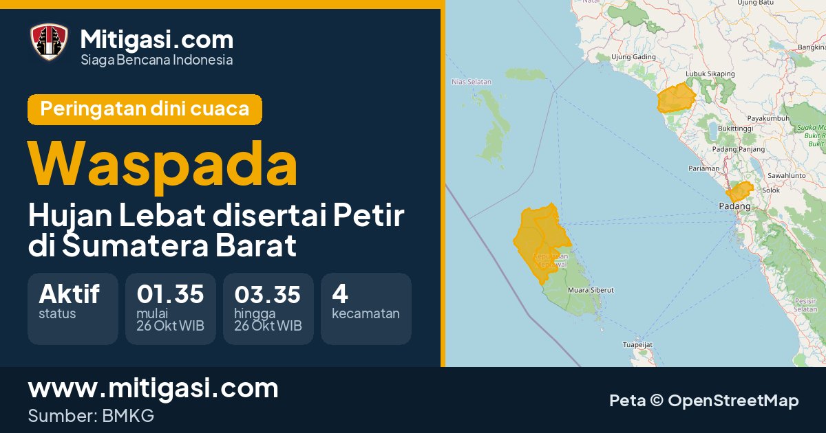 Peringatan dini cuaca BMKG tingkat Waspada di Sumatera Barat. (Mitigasi.com/data BMKG)