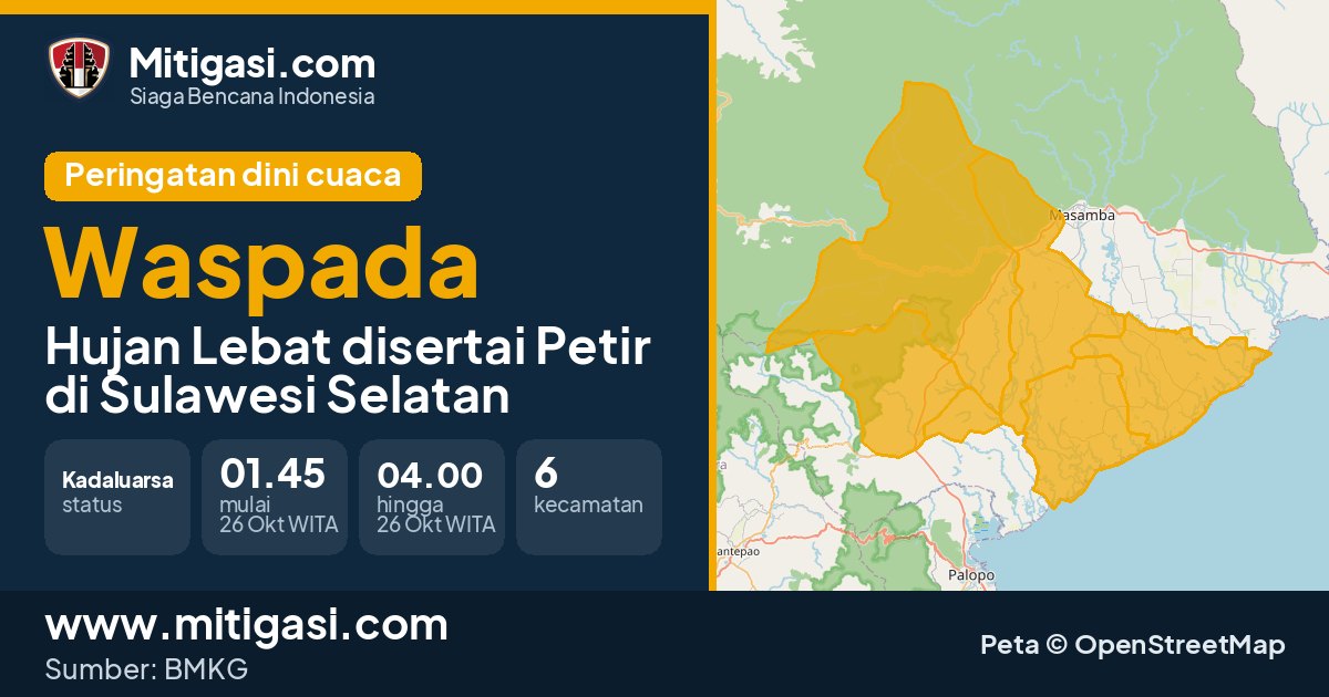 Peringatan dini cuaca BMKG tingkat Waspada di Sulawesi Selatan. (Mitigasi.com/data BMKG)