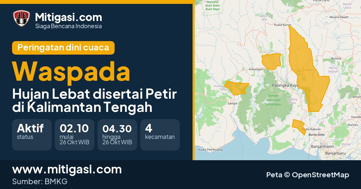 Peringatan dini cuaca BMKG tingkat Waspada di Kalimantan Tengah. (Mitigasi.com/data BMKG)