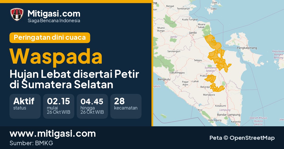 Peringatan dini cuaca BMKG tingkat Waspada di Sumatera Selatan. (Mitigasi.com/data BMKG)