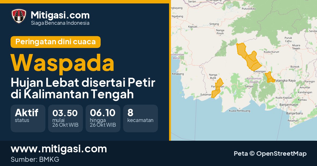 Peringatan dini cuaca BMKG tingkat Waspada di Kalimantan Tengah. (Mitigasi.com/data BMKG)