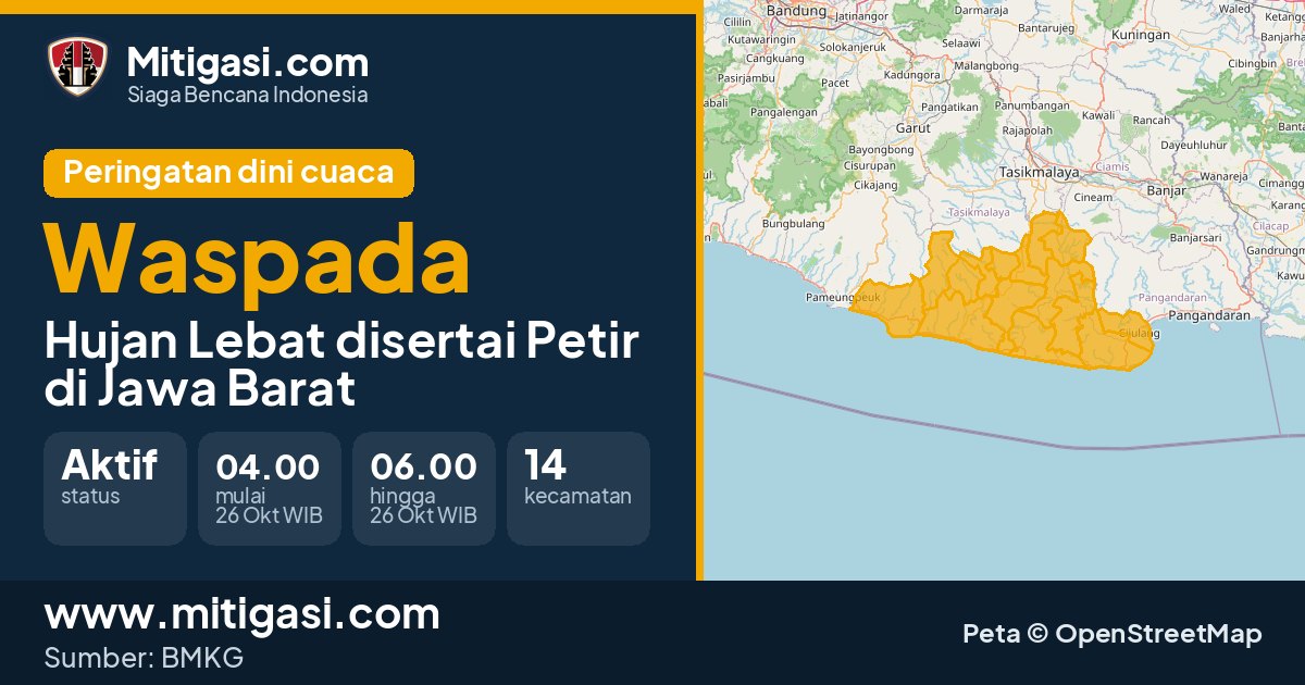 Peringatan dini cuaca BMKG tingkat Waspada di Jawa Barat. (Mitigasi.com/data BMKG)