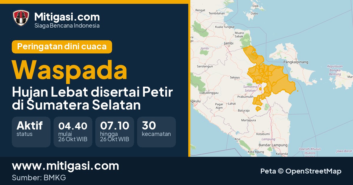 Peringatan dini cuaca BMKG tingkat Waspada di Sumatera Selatan. (Mitigasi.com/data BMKG)