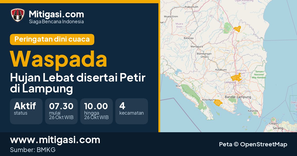 Peringatan dini cuaca BMKG tingkat Waspada di Lampung. (Mitigasi.com/data BMKG)
