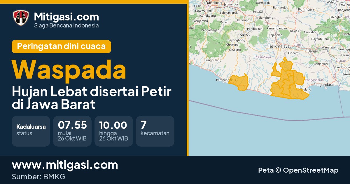 Peringatan dini cuaca BMKG tingkat Waspada di Jawa Barat. (Mitigasi.com/data BMKG)