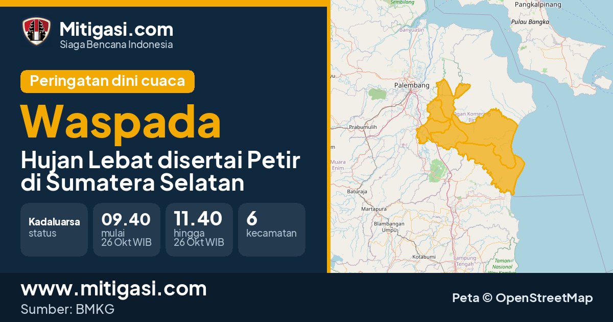 Peringatan dini cuaca BMKG tingkat Waspada di Sumatera Selatan. (Mitigasi.com/data BMKG)