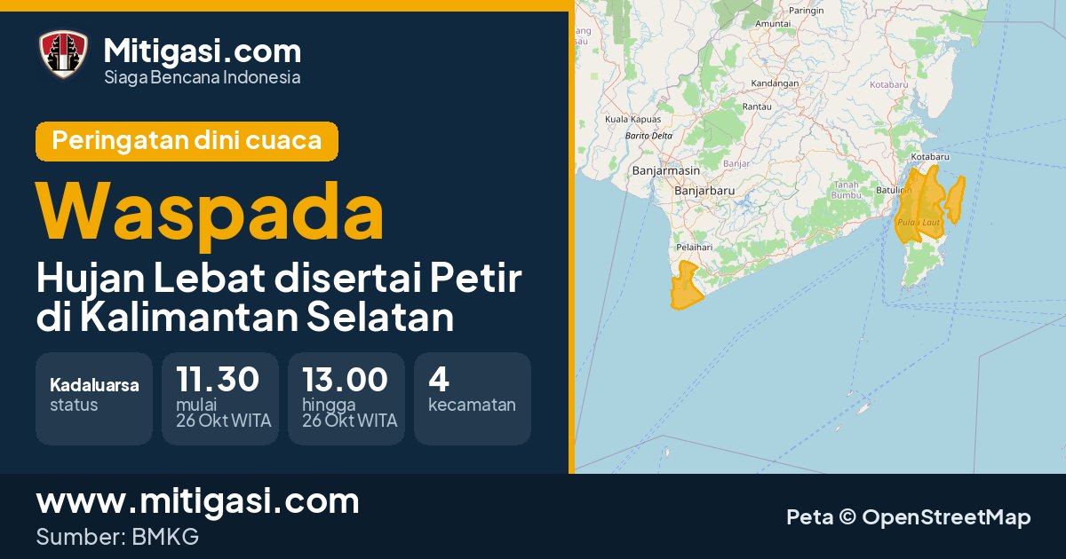 Peringatan dini cuaca BMKG tingkat Waspada di Kalimantan Selatan. (Mitigasi.com/data BMKG)