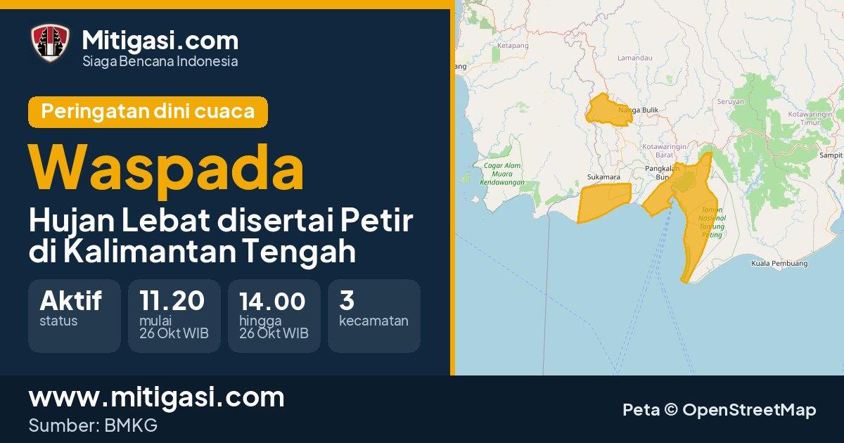 Peringatan dini cuaca BMKG tingkat Waspada di Kalimantan Tengah. (Mitigasi.com/data BMKG)