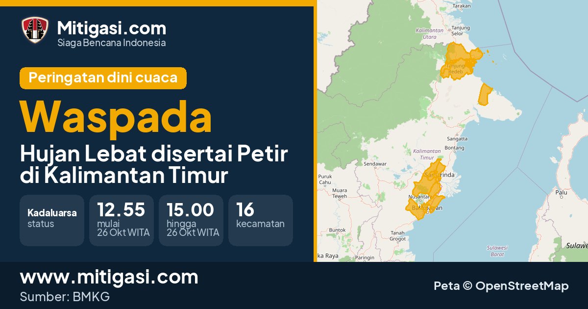 Peringatan dini cuaca BMKG tingkat Waspada di Kalimantan Timur. (Mitigasi.com/data BMKG)