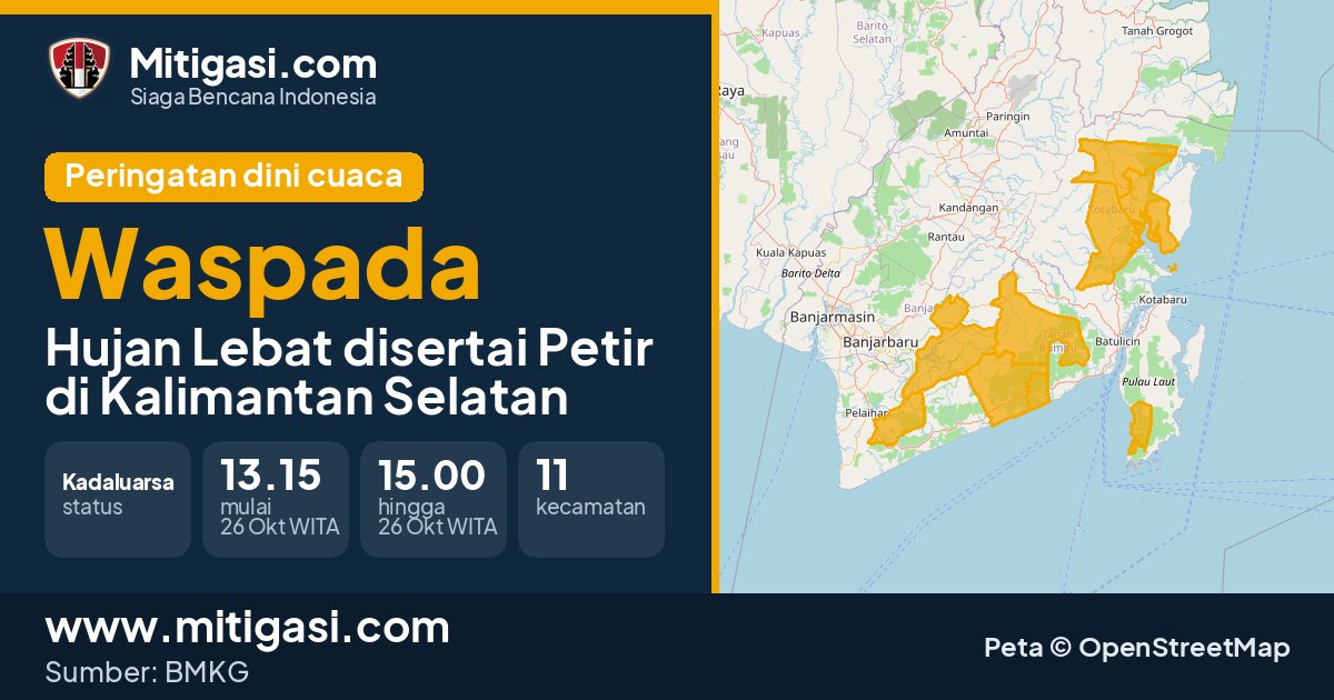 Peringatan dini cuaca BMKG tingkat Waspada di Kalimantan Selatan. (Mitigasi.com/data BMKG)