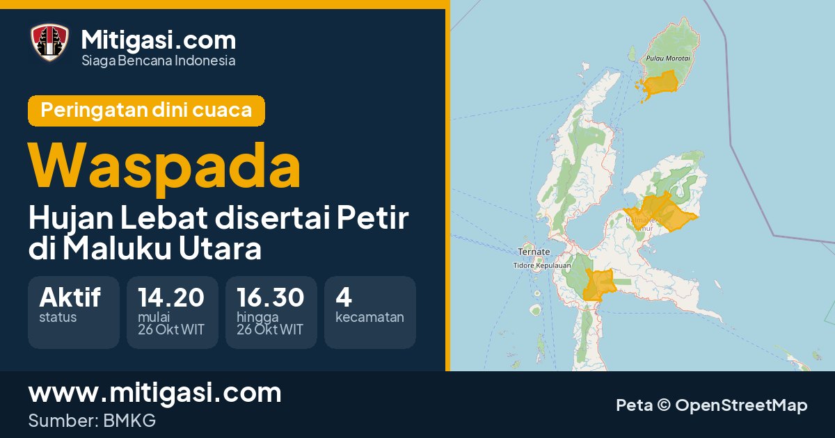 Peringatan dini cuaca BMKG tingkat Waspada di Maluku Utara. (Mitigasi.com/data BMKG)