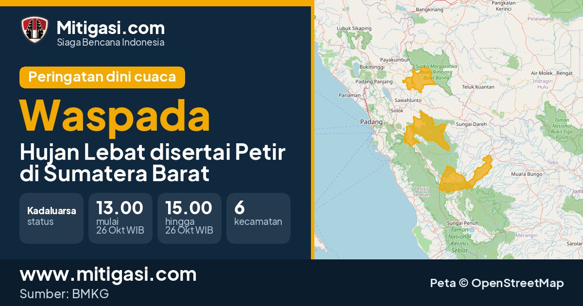 Peringatan dini cuaca BMKG tingkat Waspada di Sumatera Barat. (Mitigasi.com/data BMKG)