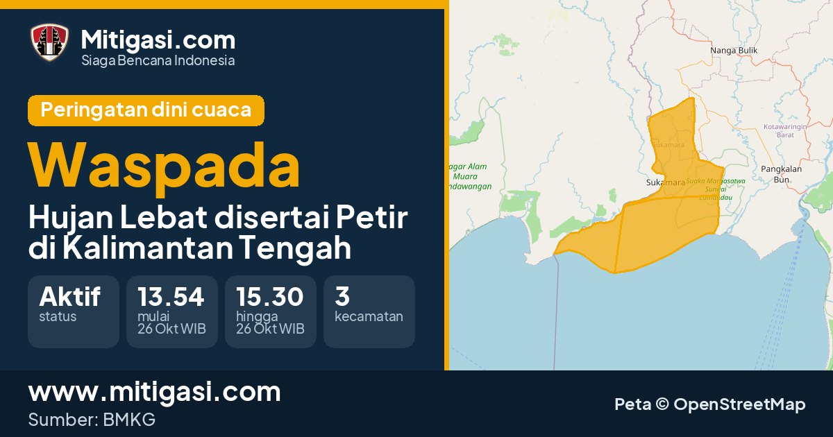 Peringatan dini cuaca BMKG tingkat Waspada di Kalimantan Tengah. (Mitigasi.com/data BMKG)
