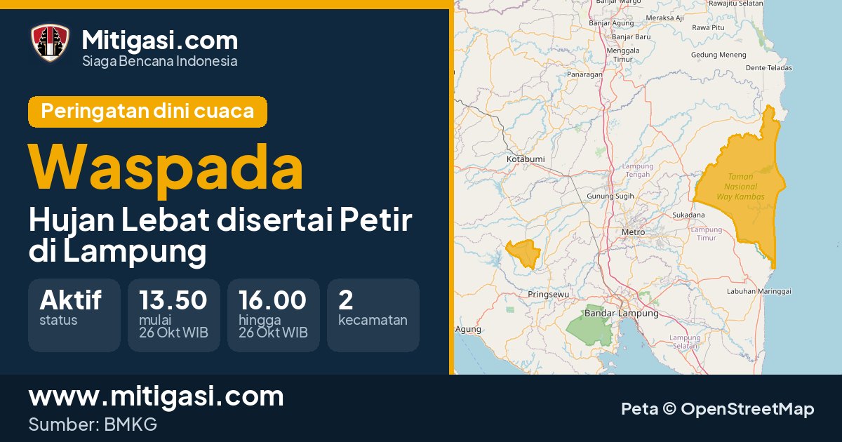 Peringatan dini cuaca BMKG tingkat Waspada di Lampung. (Mitigasi.com/data BMKG)