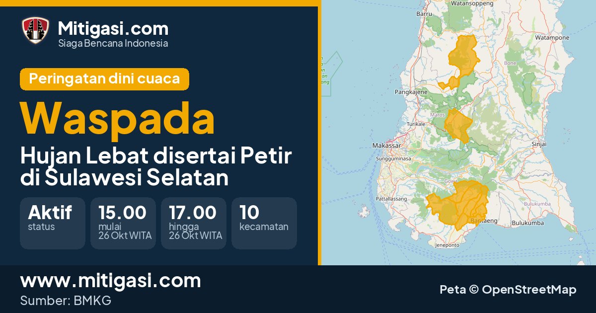 Peringatan dini cuaca BMKG tingkat Waspada di Sulawesi Selatan. (Mitigasi.com/data BMKG)