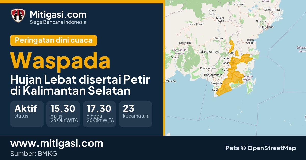 Peringatan dini cuaca BMKG tingkat Waspada di Kalimantan Selatan. (Mitigasi.com/data BMKG)