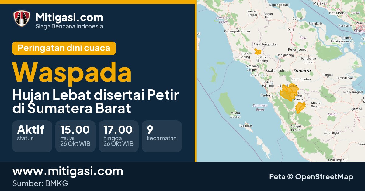 Peringatan dini cuaca BMKG tingkat Waspada di Sumatera Barat. (Mitigasi.com/data BMKG)
