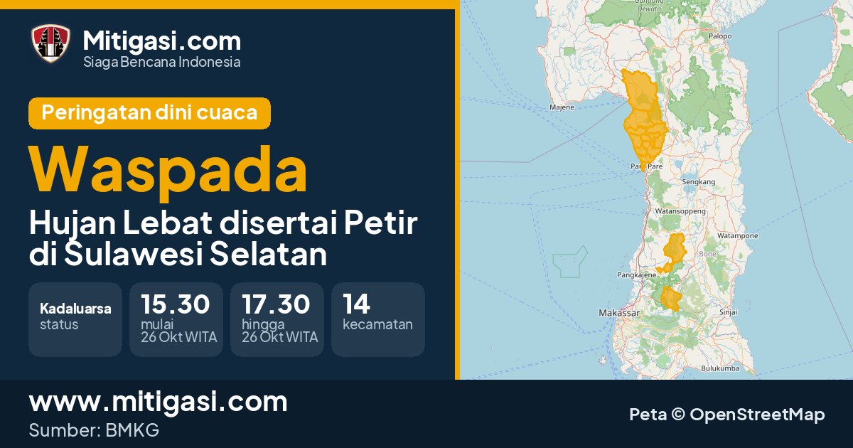 Peringatan dini cuaca BMKG tingkat Waspada di Sulawesi Selatan. (Mitigasi.com/data BMKG)