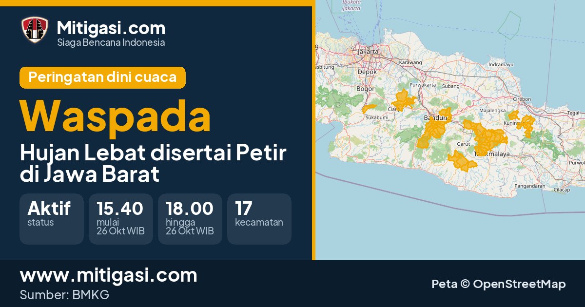 Peringatan dini cuaca BMKG tingkat Waspada di Jawa Barat. (Mitigasi.com/data BMKG)