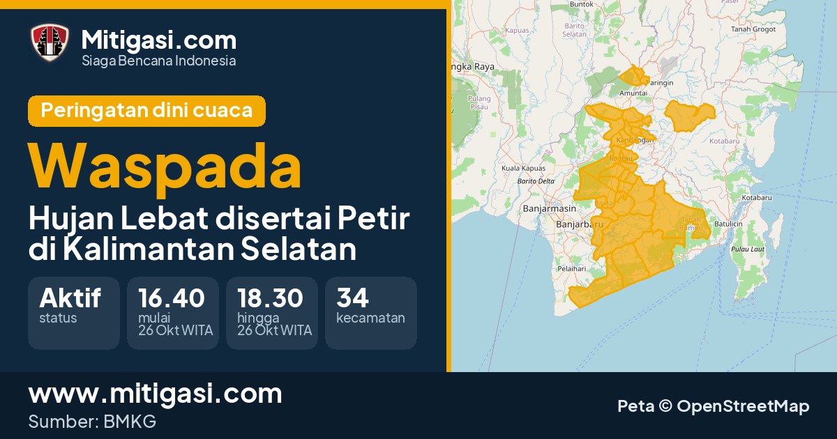 Peringatan dini cuaca BMKG tingkat Waspada di Kalimantan Selatan. (Mitigasi.com/data BMKG)