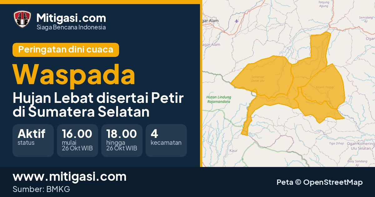 Peringatan dini cuaca BMKG tingkat Waspada di Sumatera Selatan. (Mitigasi.com/data BMKG)