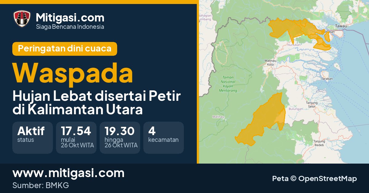 Peringatan dini cuaca BMKG tingkat Waspada di Kalimantan Utara. (Mitigasi.com/data BMKG)