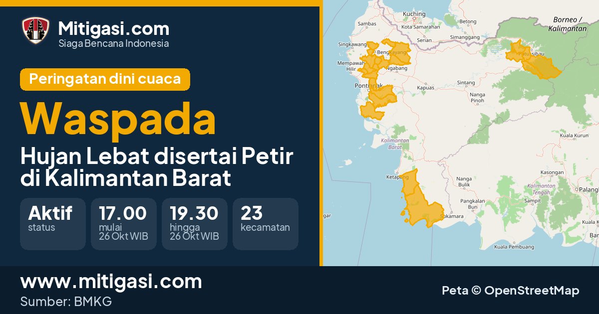 Peringatan dini cuaca BMKG tingkat Waspada di Kalimantan Barat. (Mitigasi.com/data BMKG)