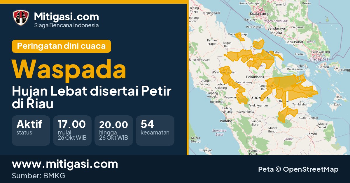 Peringatan dini cuaca BMKG tingkat Waspada di Riau. (Mitigasi.com/data BMKG)