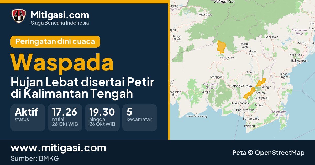 Peringatan dini cuaca BMKG tingkat Waspada di Kalimantan Tengah. (Mitigasi.com/data BMKG)