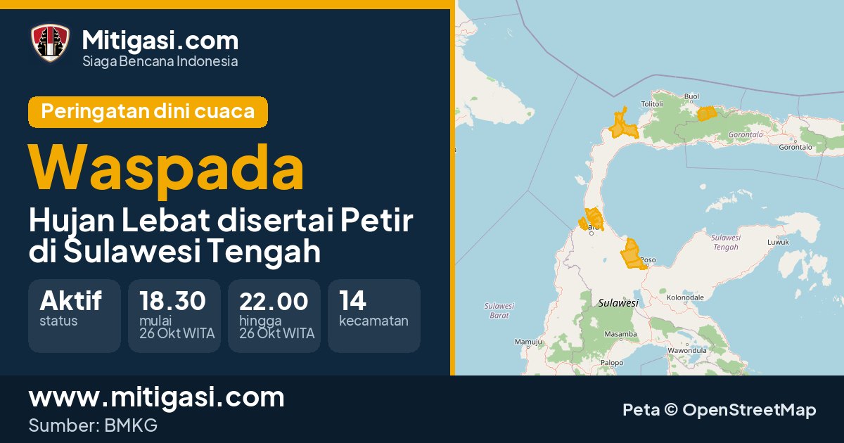Peringatan dini cuaca BMKG tingkat Waspada di Sulawesi Tengah. (Mitigasi.com/data BMKG)